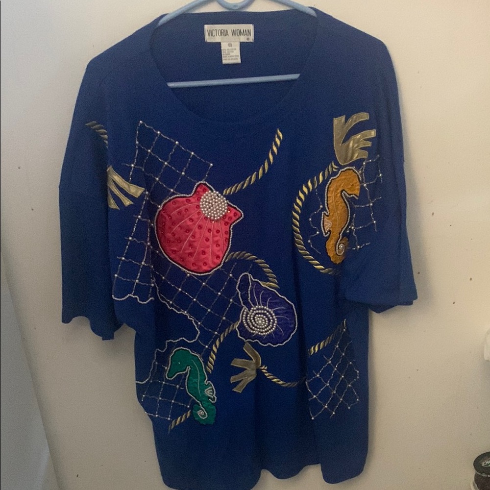 Unique Victoria Woman Hong Kong Blue Shirt W/Embroidered Pearls Seahorses 2XL
